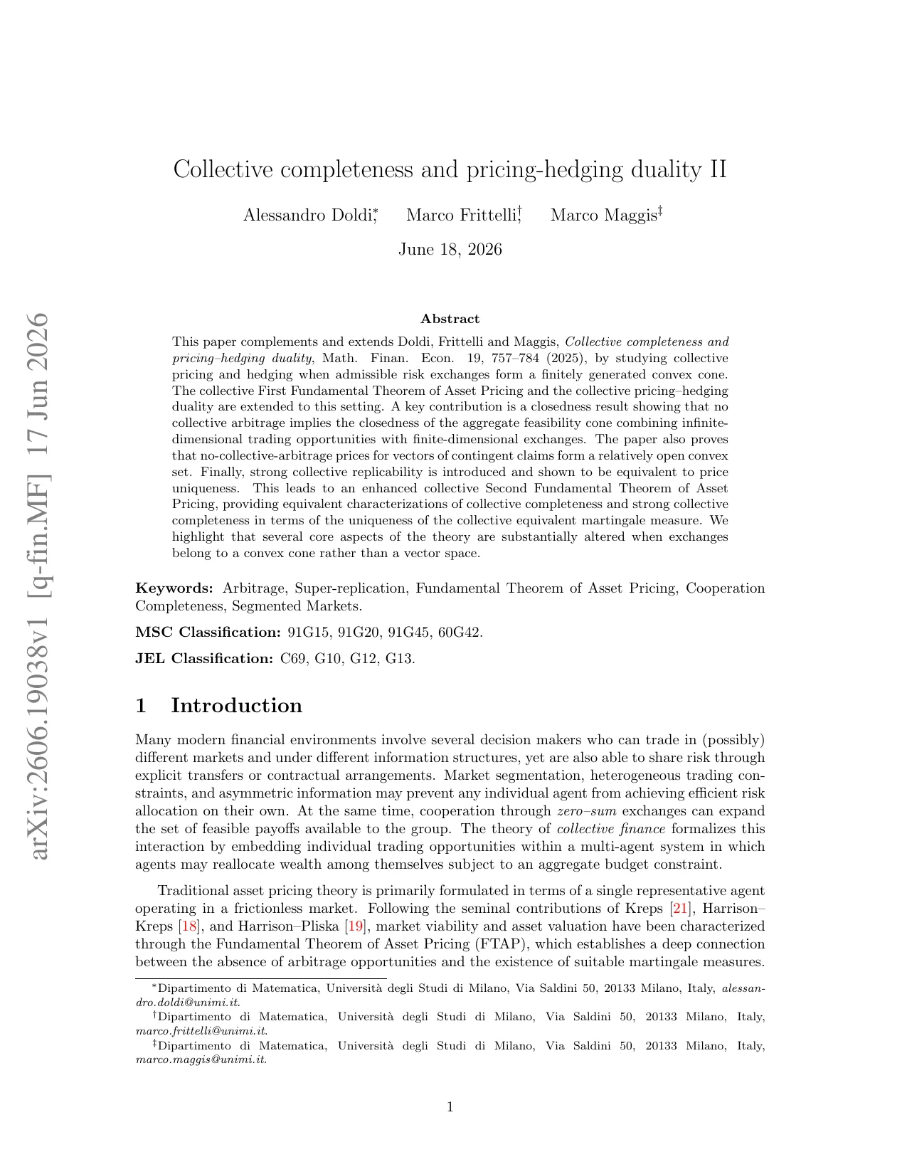 First page of Collective completeness and pricing-hedging duality II