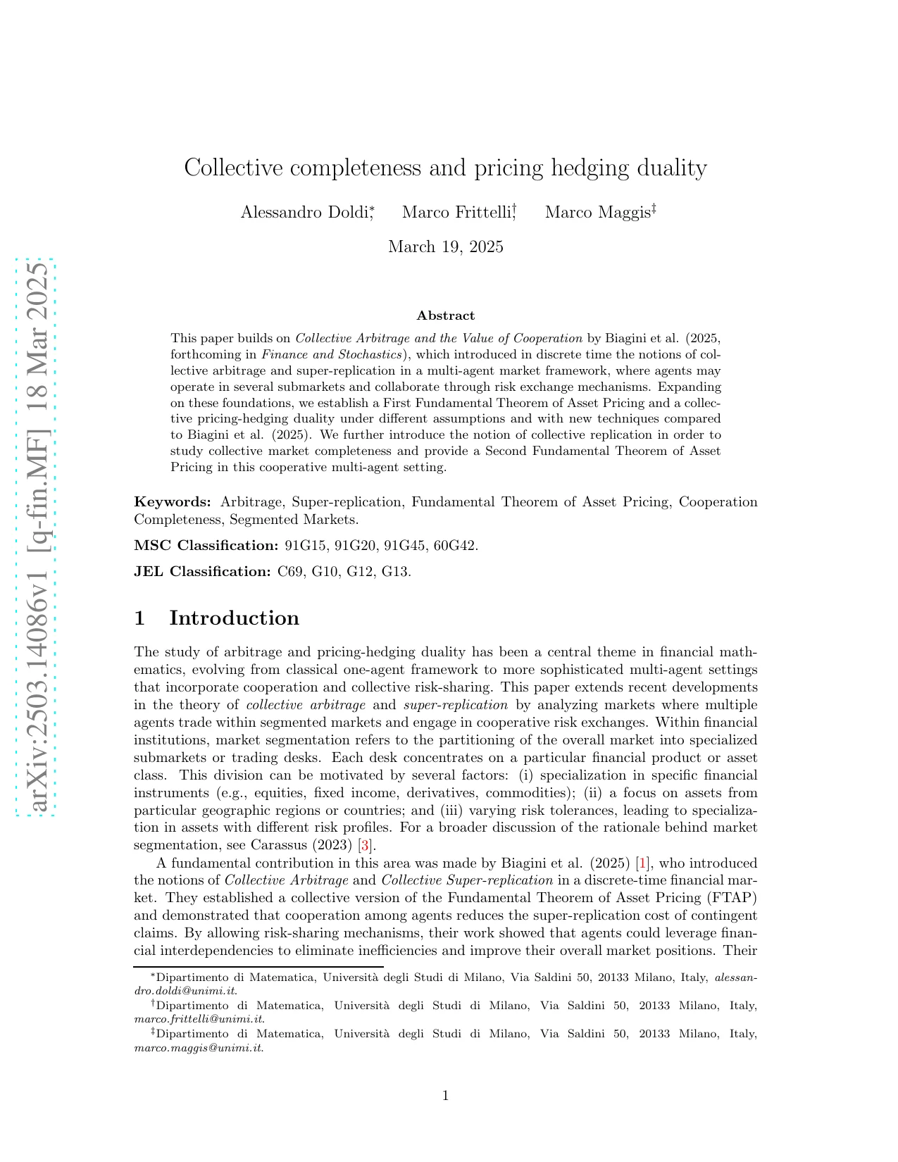 First page of Collective completeness and pricing-hedging duality